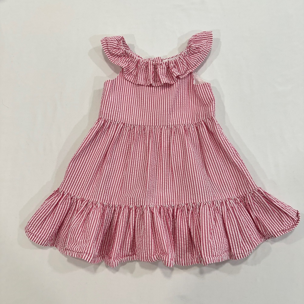 Ralph Lauren Seersucker Ruffle Dress Baby Girl 9M Pink Stripe Tiered‎ | Preppy